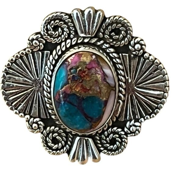 Size 6 Pink Dahlia Copper Turquoise Sterling Silver Ring Native American Ornate - Picture 1 of 8